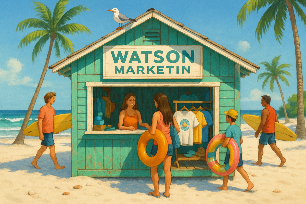 Too many seashells I want a opening on the front where the girl is selling shirts and and stuff outside to the people I don't want the girl to have a float on I want the color of the building to be green aqua or like green I want the beach to be whiter. I want to word on the marketing to say marketin